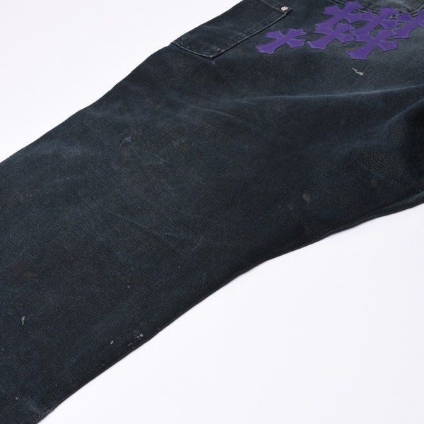 Very Good Condition CHROME HEARTS Double Knee Pants Size 40 Cemetery Cross Patch 19 Patch Cross Ball Black Purple Used 4a001329