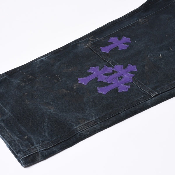 Very Good Condition CHROME HEARTS Double Knee Pants Size 40 Cemetery Cross Patch 19 Patch Cross Ball Black Purple Used 4a001329
