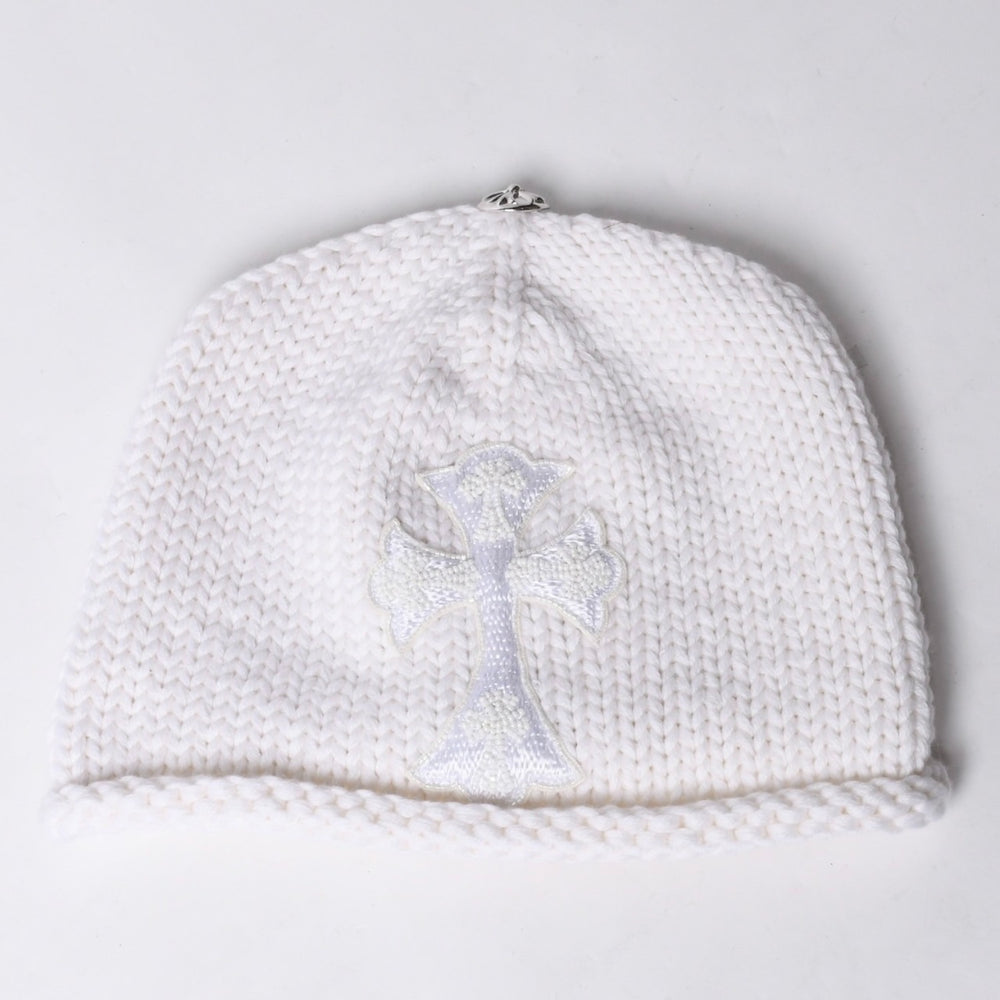 New and unused CHROME HEARTS Cashmere Beads Cross Patch Beanie Knit Cap ONE SIZE 22cm White Used 4a000685