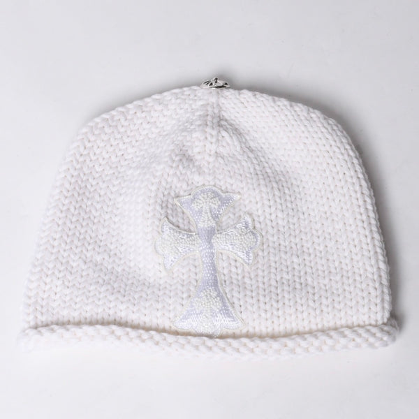 New and unused CHROME HEARTS Cashmere Beads Cross Patch Beanie Knit Cap ONE SIZE 22cm White Used 4a000685