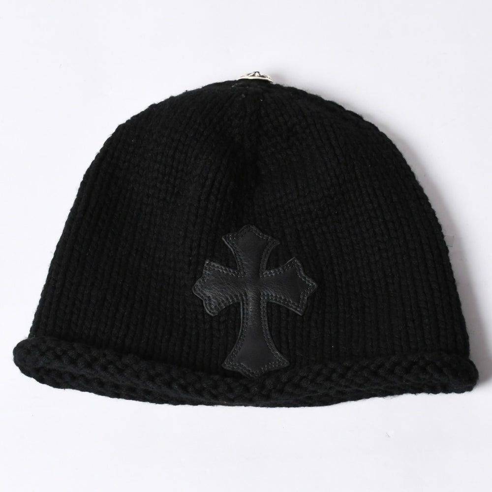 Very Good Condition CHROME HEARTS Cross Patch Knit Cap Beanie Cashmere Leather Silver 925 Black Used 4a000684