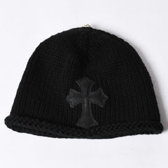 Very Good Condition CHROME HEARTS Cross Patch Knit Cap Beanie Cashmere Leather Silver 925 Black Used 4a000684