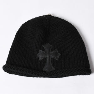Very Good Condition CHROME HEARTS Cross Patch Knit Cap Beanie Cashmere Leather Silver 925 Black Used 4a000684