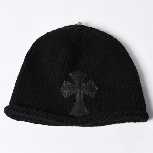 Very Good Condition CHROME HEARTS Cross Patch Knit Cap Beanie Cashmere Leather Silver 925 Black Used 4a000684