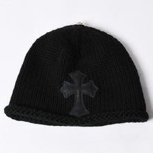 画像をギャラリービューアに読み込む, 極美品 CHROME HEARTS クロムハーツ クロスパッチ ニットキャップ ビーニー カシミヤ レザー シルバー925 ブラック 中古 4a000684