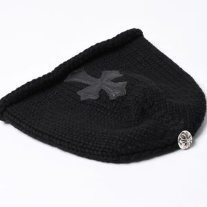 Very Good Condition CHROME HEARTS Cross Patch Knit Cap Beanie Cashmere Leather Silver 925 Black Used 4a000684