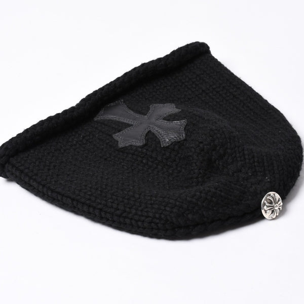 Very Good Condition CHROME HEARTS Cross Patch Knit Cap Beanie Cashmere Leather Silver 925 Black Used 4a000684