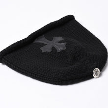 画像をギャラリービューアに読み込む, 極美品 CHROME HEARTS クロムハーツ クロスパッチ ニットキャップ ビーニー カシミヤ レザー シルバー925 ブラック 中古 4a000684