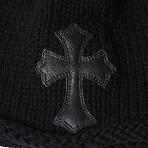 Very Good Condition CHROME HEARTS Cross Patch Knit Cap Beanie Cashmere Leather Silver 925 Black Used 4a000684