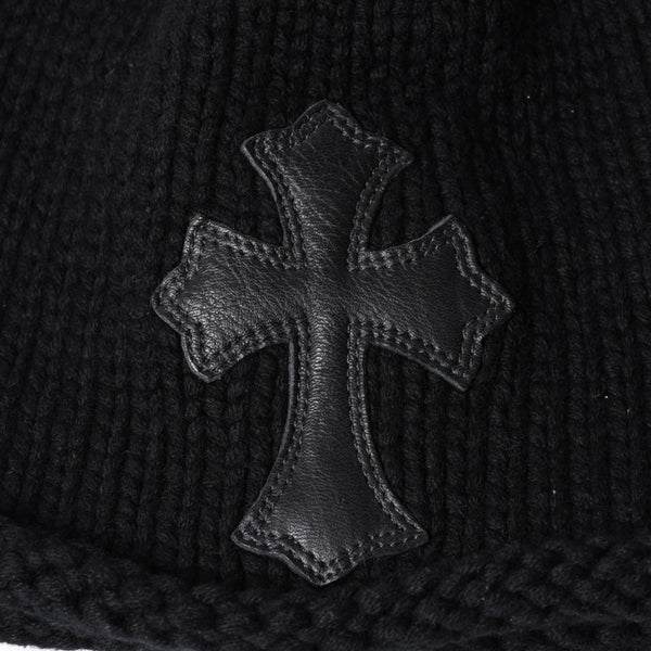 Very Good Condition CHROME HEARTS Cross Patch Knit Cap Beanie Cashmere Leather Silver 925 Black Used 4a000684