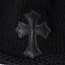 画像をギャラリービューアに読み込む, 極美品 CHROME HEARTS クロムハーツ クロスパッチ ニットキャップ ビーニー カシミヤ レザー シルバー925 ブラック 中古 4a000684