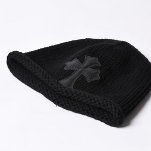Very Good Condition CHROME HEARTS Cross Patch Knit Cap Beanie Cashmere Leather Silver 925 Black Used 4a000684
