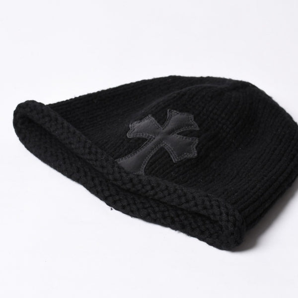Very Good Condition CHROME HEARTS Cross Patch Knit Cap Beanie Cashmere Leather Silver 925 Black Used 4a000684