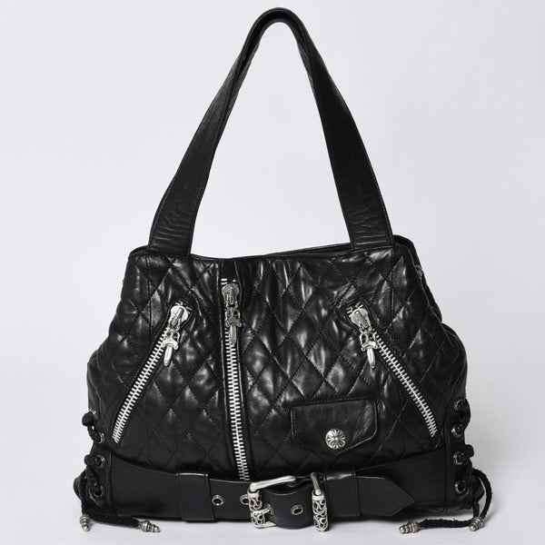 Very Good Condition CHROME HEARTS JJ DEAN LRG JJ Dean Large Tote Bag Quilted Leather Silver 925 Used 4a000478