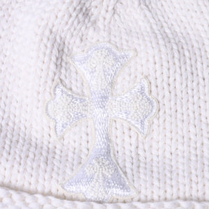 New and unused CHROME HEARTS Cashmere Beads Cross Patch Beanie Knit Cap ONE SIZE 22cm White Used 4a000685