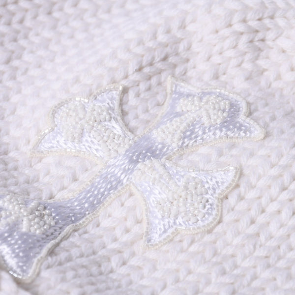 New and unused CHROME HEARTS Cashmere Beads Cross Patch Beanie Knit Cap ONE SIZE 22cm White Used 4a000685