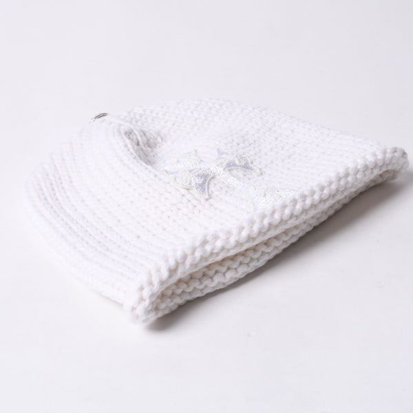 New and unused CHROME HEARTS Cashmere Beads Cross Patch Beanie Knit Cap ONE SIZE 22cm White Used 4a000685