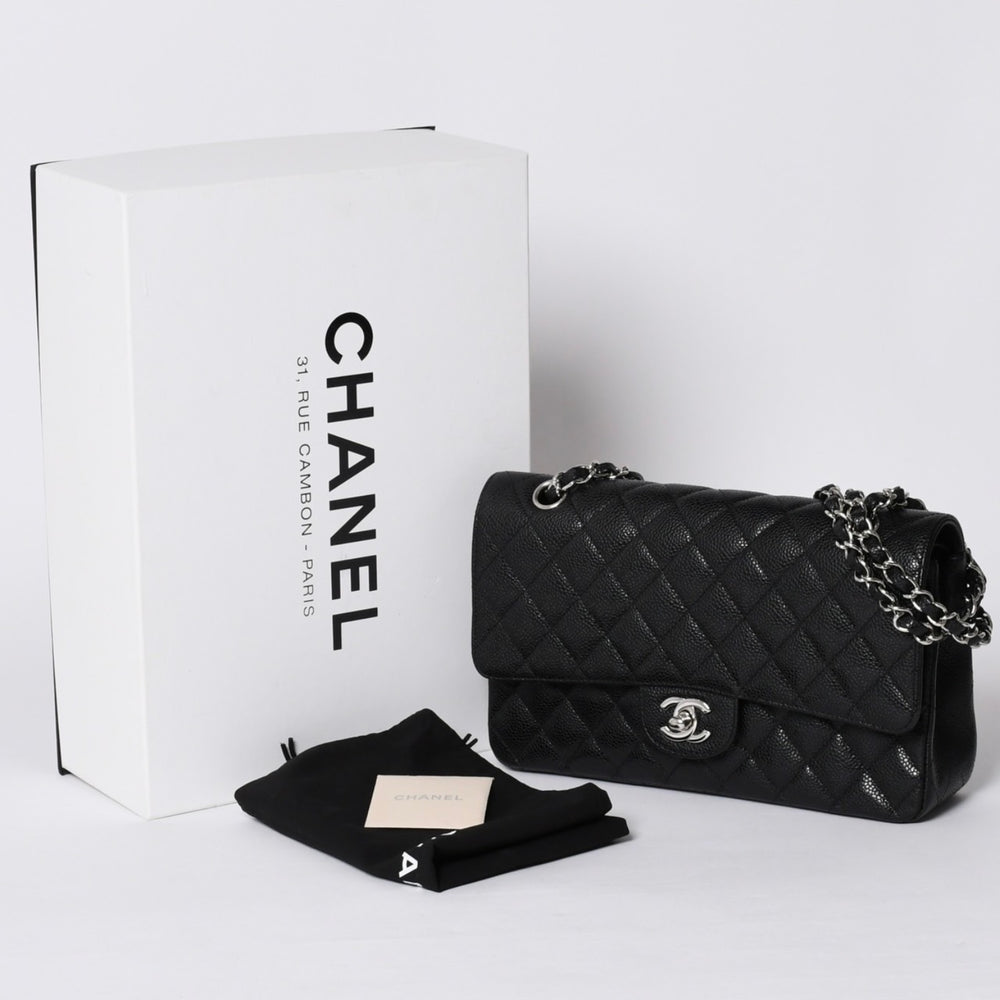 極美品 CHANEL シャネル マトラッセ25 Wフラップ Wチェーンショルダーバッグ 14番台 キャビアスキン シルバー金具 中古 4a001340