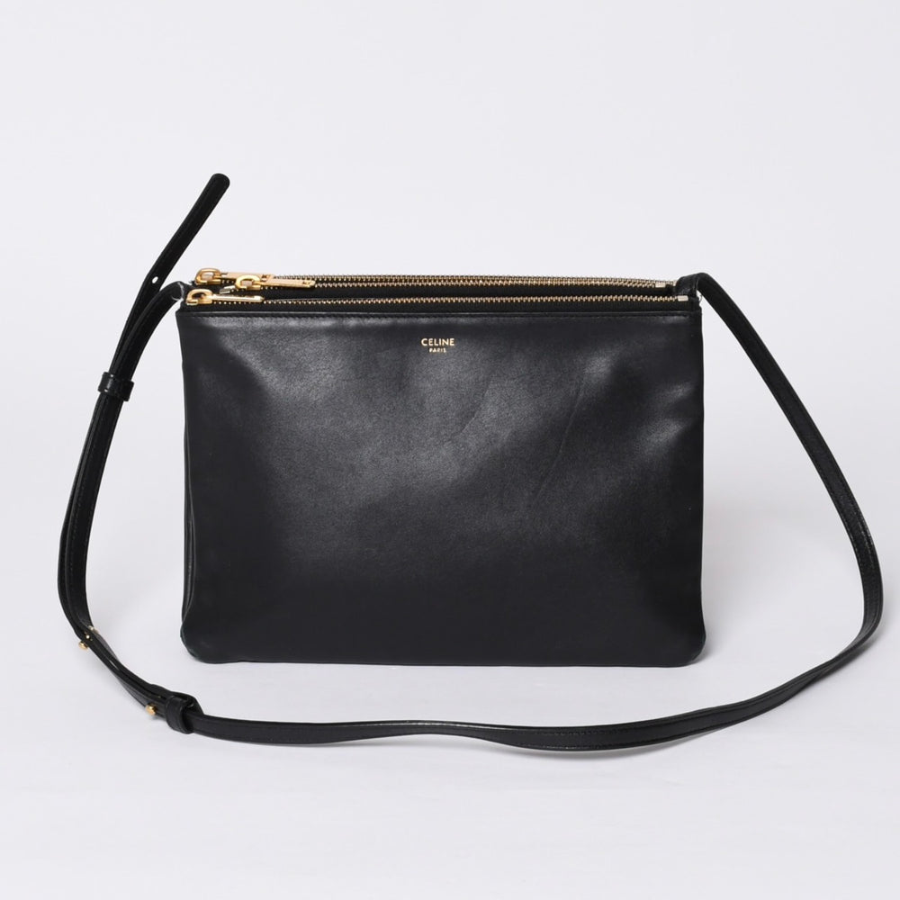 CELINE セリーヌ トリオ ラージ ショルダーバッグ ラムスキン レザー ブラック ゴールド金具 171453 美品 中古 4a000859