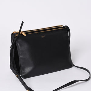 CELINE セリーヌ トリオ ラージ ショルダーバッグ ラムスキン レザー ブラック ゴールド金具 171453 美品 中古 4a000859