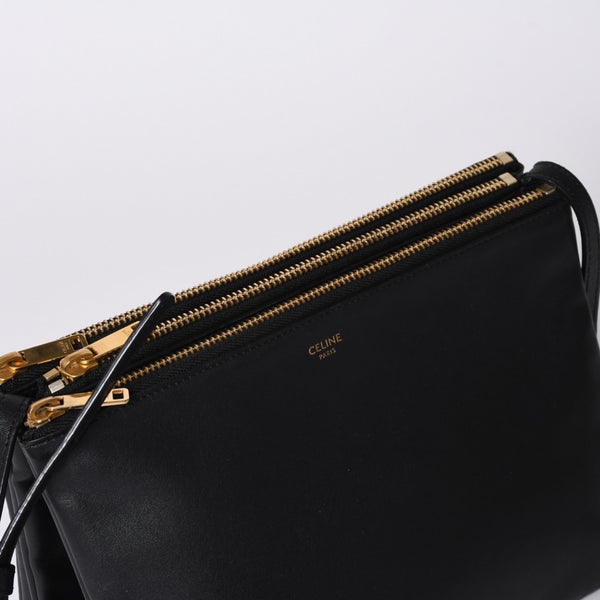 CELINE セリーヌ トリオ ラージ ショルダーバッグ ラムスキン レザー ブラック ゴールド金具 171453 美品 中古 4a000859