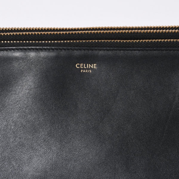CELINE セリーヌ トリオ ラージ ショルダーバッグ ラムスキン レザー ブラック ゴールド金具 171453 美品 中古 4a000859