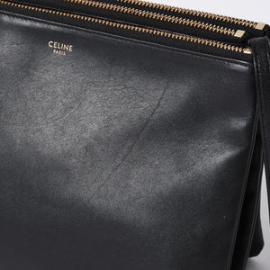 CELINE セリーヌ トリオ ラージ ショルダーバッグ ラムスキン レザー ブラック ゴールド金具 171453 美品 中古 4a000859