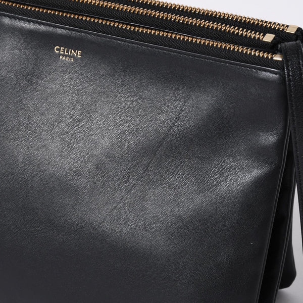 CELINE セリーヌ トリオ ラージ ショルダーバッグ ラムスキン レザー ブラック ゴールド金具 171453 美品 中古 4a000859