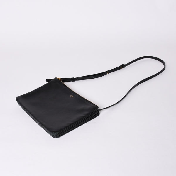 CELINE セリーヌ トリオ ラージ ショルダーバッグ ラムスキン レザー ブラック ゴールド金具 171453 美品 中古 4a000859