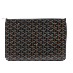 Very Good Condition GOYARD Clutch Bag Handbag Sena MM Black Black/PVC/Leather Top Zipper Coated Canvas Body Good Condition