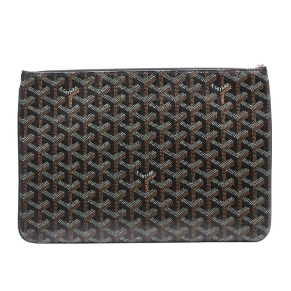 Very Good Condition GOYARD Clutch Bag Handbag Sena MM Black Black/PVC/Leather Top Zipper Coated Canvas Body Good Condition