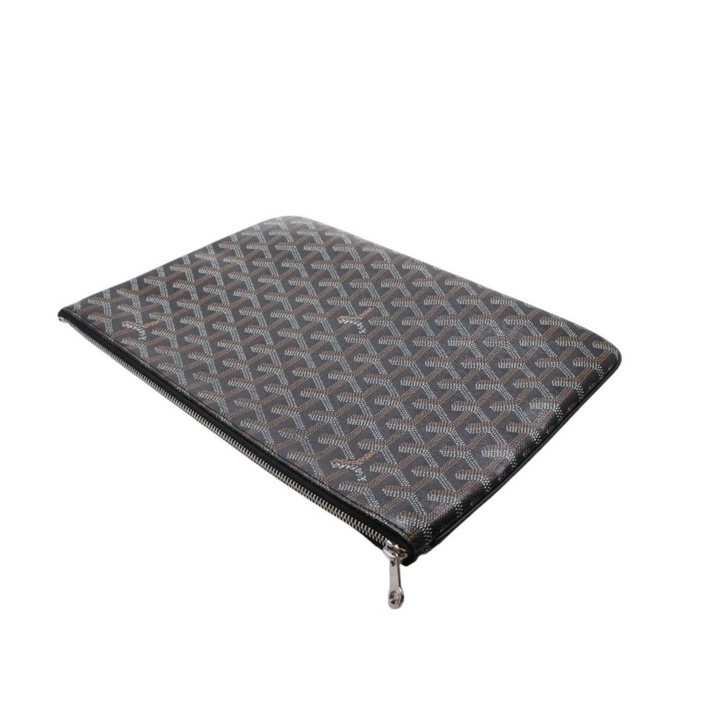 Very Good Condition GOYARD Clutch Bag Handbag Sena MM Black Black/PVC/Leather Top Zipper Coated Canvas Body Good Condition