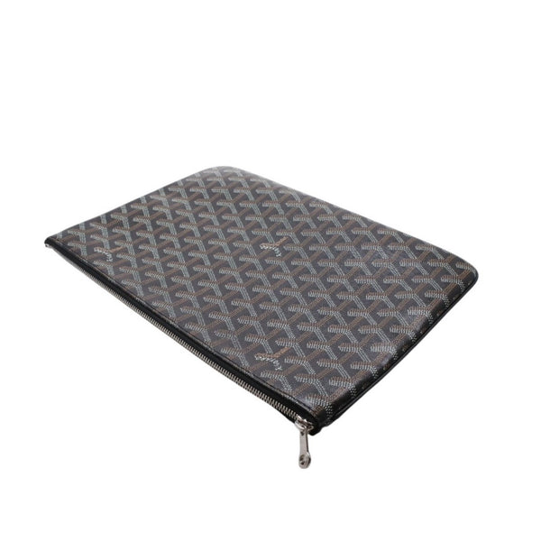 Very Good Condition GOYARD Clutch Bag Handbag Sena MM Black Black/PVC/Leather Top Zipper Coated Canvas Body Good Condition