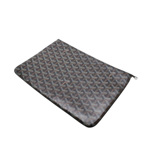 Very Good Condition GOYARD Clutch Bag Handbag Sena MM Black Black/PVC/Leather Top Zipper Coated Canvas Body Good Condition