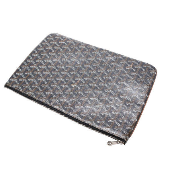 Very good condition GOYARD Sena MM clutch bag herringbone pattern black brown PVC leather used 4a001260