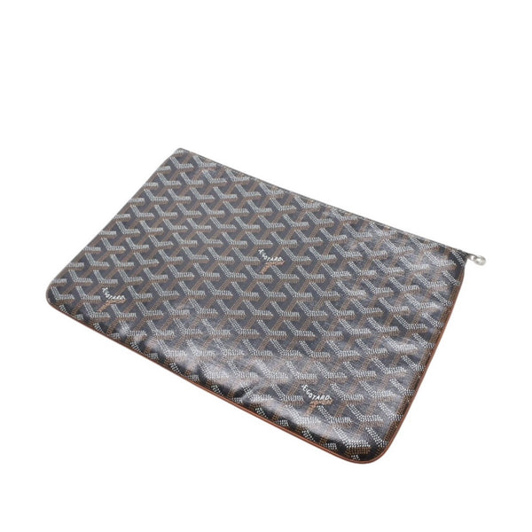 Very good condition GOYARD Sena MM clutch bag herringbone pattern black brown PVC leather used 4a001260