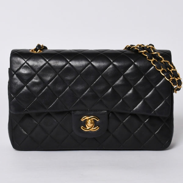 極美品 CHANEL シャネル マトラッセ25 Wフラップ Wチェーンショルダーバッグ 4番台 ココマーク ラムスキン ブラック中古 4a001342