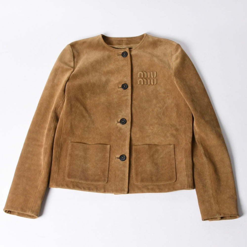 新品未使用 MIUMIU ミュウミュウ ナチュラルスエードジャケット レザージャケット カーキ 36 WOMEN 現行 4a001372