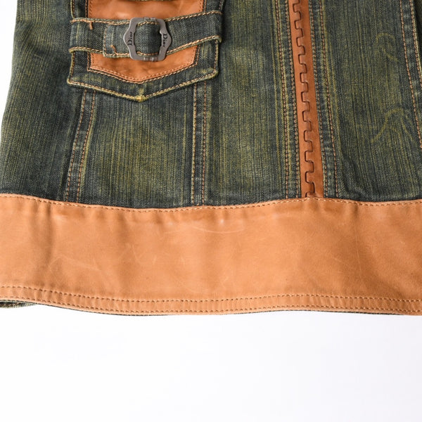 極美品 Christian Dior クリスチャンディオール デニムレザー切替ワンピース ジョンガリアーノ デニム地 カーフレザー ウォッシュ加工 中古 4a001963
