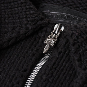 Very Good Condition CHROME HEARTS Dagger Zip Heavy Gauge Knit Jacket Black Cashmere Silver Hardware Dagger Cross Patch Triple Cross Used 4a001956
