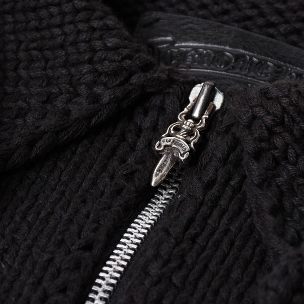 Very Good Condition CHROME HEARTS Dagger Zip Heavy Gauge Knit Jacket Black Cashmere Silver Hardware Dagger Cross Patch Triple Cross Used 4a001956