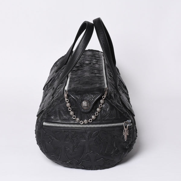 Very Good Condition CHROME HEARTS DUFFLE SML Boston Bag Small Cemetery Cross Black Patch Cross Ball Chain Used 4a001394