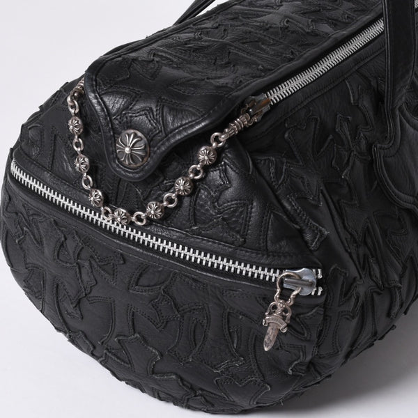 Very Good Condition CHROME HEARTS DUFFLE SML Boston Bag Small Cemetery Cross Black Patch Cross Ball Chain Used 4a001394