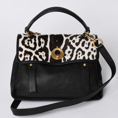 極美品 YVES SAINT LAURENT イヴ サンローラン ミューズトゥ 2WAY ハンドバッグ ブラック レオパード レザー ハラコ ゴールド金具 中古 4a001104