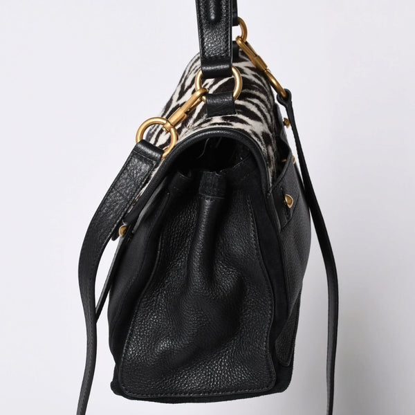 極美品 YVES SAINT LAURENT イヴ サンローラン ミューズトゥ 2WAY ハンドバッグ ブラック レオパード レザー ハラコ ゴールド金具 中古 4a001104