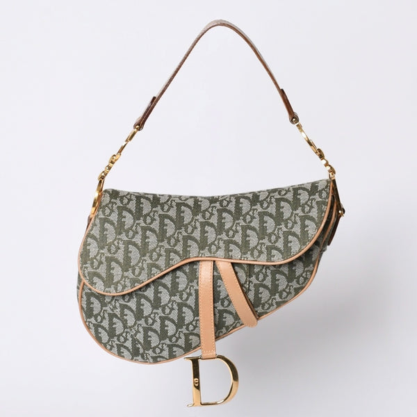 Very Good Condition Christian Dior Galliano Period Trotter Saddle Bag Khaki Gold Hardware Logo Used 4a001242