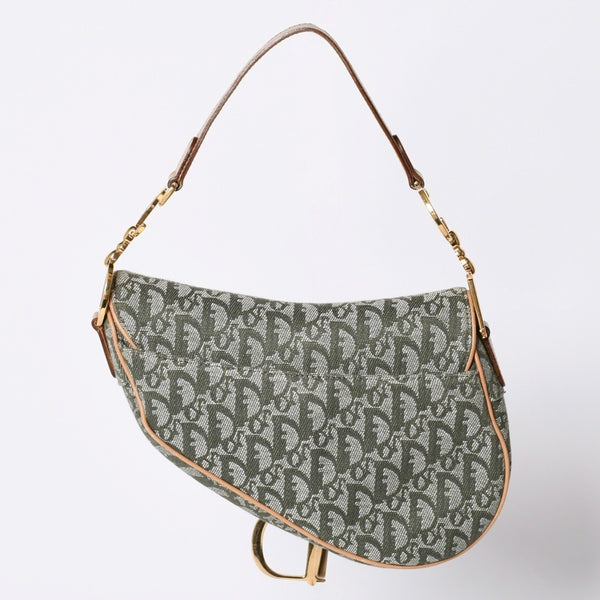 Very Good Condition Christian Dior Galliano Period Trotter Saddle Bag Khaki Gold Hardware Logo Used 4a001242