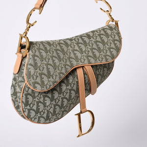 Very Good Condition Christian Dior Galliano Period Trotter Saddle Bag Khaki Gold Hardware Logo Used 4a001242