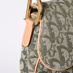 Very Good Condition Christian Dior Galliano Period Trotter Saddle Bag Khaki Gold Hardware Logo Used 4a001242