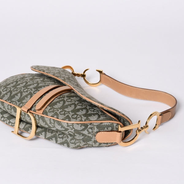 Very Good Condition Christian Dior Galliano Period Trotter Saddle Bag Khaki Gold Hardware Logo Used 4a001242